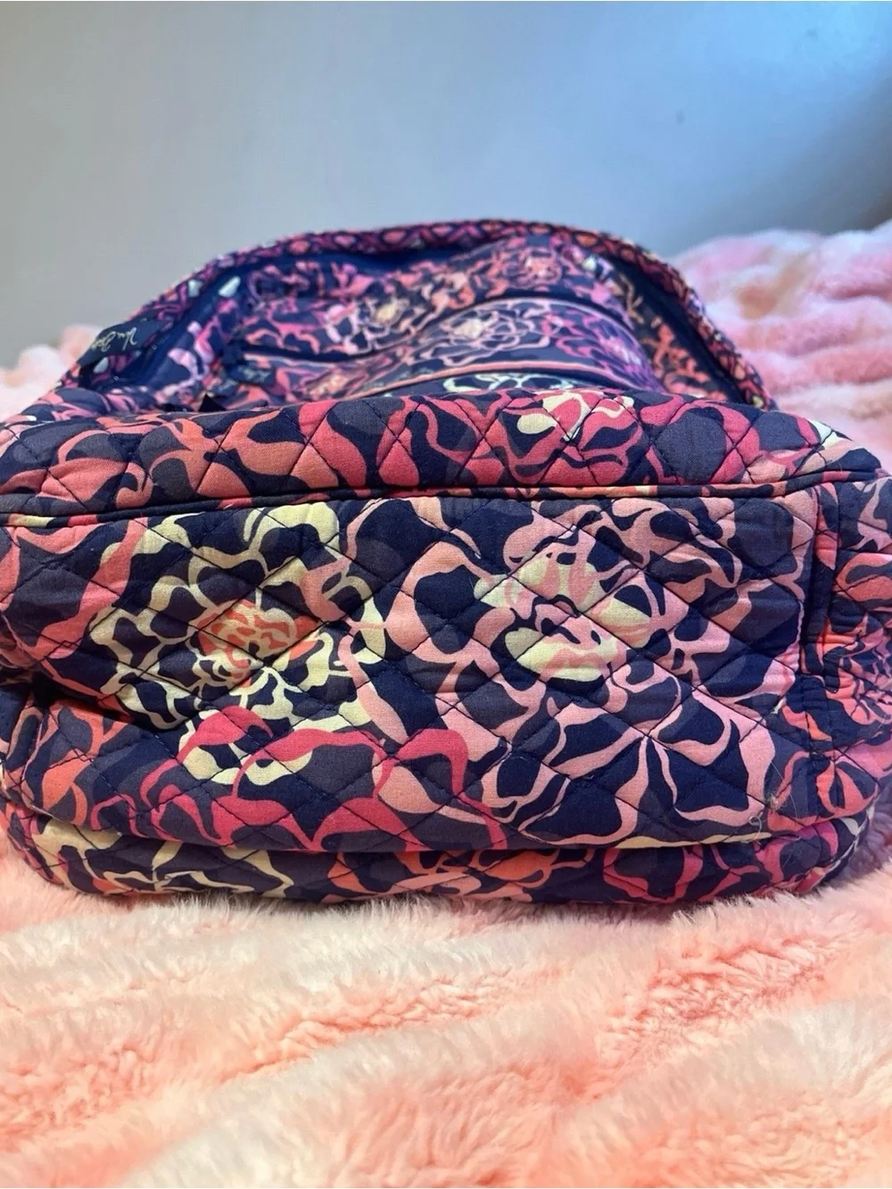 Vera Bradley Navy Floral Quilted Backpack with Pink Accents